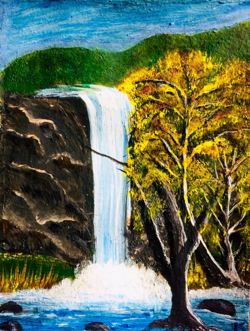 Kokila landscape art, Mountain cliff waterfall 